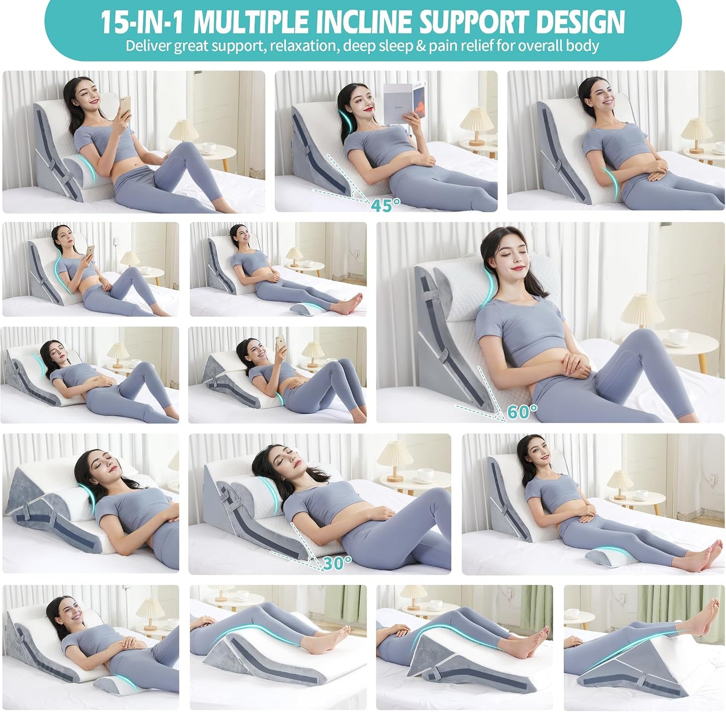 Simpledad Wedge Pillow for Sleeping, Orthopedic Bed Wedge Pillow Set | 15-in-1 Adjustable Memory Foam Wedge Pillows Post Surgery, 9 &16 & 20 inches Height 3-in-1 Incline Wedges Pillows