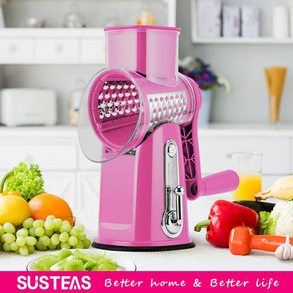 SUSTEAS Rotary Cheese Grater 5 Blades,Kitchen Mandoline Vegetable Slicer | White, Easy to Clean, Strong Suction Base, 5 Blades Storage Box, Round Mandoline Slicer & Food Chopper for Salad