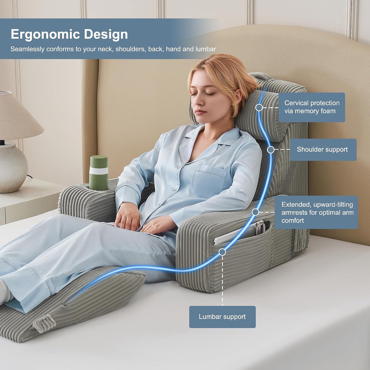 Reading Pillow for Bed with Adjustable Armrests and Side Pockets, Back Pillow for Bed Sitting Up, Sit Up Pillow, and Bed Pillows for Sitting Up, Ideal for Reading, Watching TV and Relaxing, Light Gray