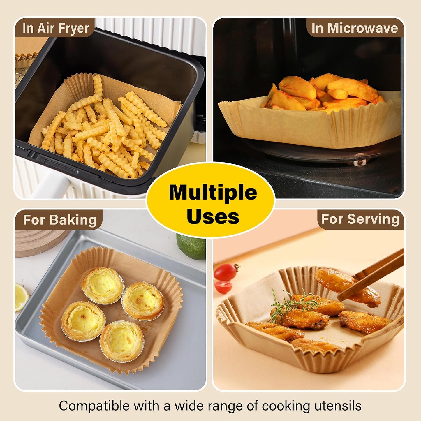 Air Fryer Liners Disposable 125 Pcs, 8 Inch Paper for 5-8 QT Air Fryers | Square Unbleached Parchment Paper, Non-Stick, Greaseproof for Baking, Roasting, Microwave, Oven, Airfryer Basket Accessories