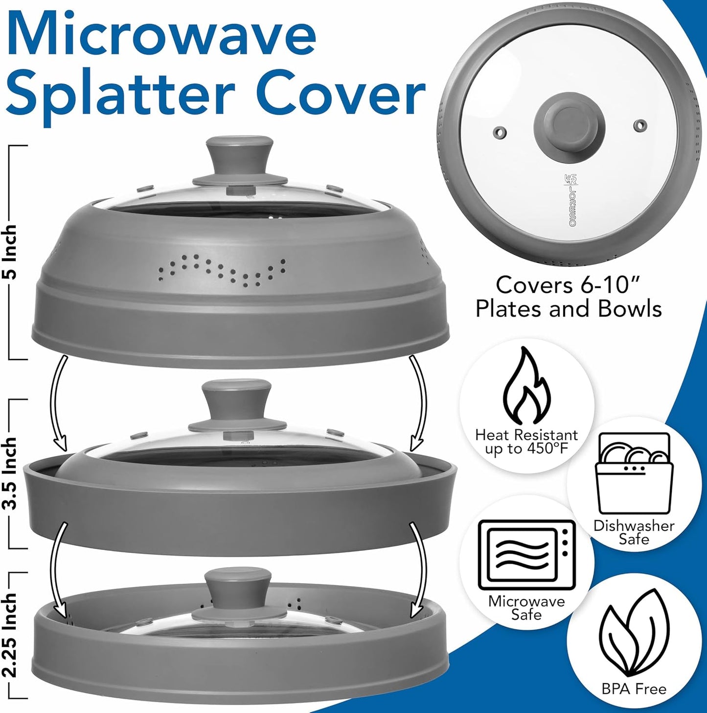 Microwave Food Splatter Cover Guard – Glass Silicone, Collapsible, BPA-Free | Microwave Safe, Vented Design for Even Heat & Moisture, Round Plates & Bowls 6–10 Inch, Stain & Odor Resistant