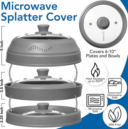 Microwave Food Splatter Cover Guard – Glass Silicone, Collapsible, BPA-Free | Microwave Safe, Vented Design for Even Heat & Moisture, Round Plates & Bowls 6–10 Inch, Stain & Odor Resistant