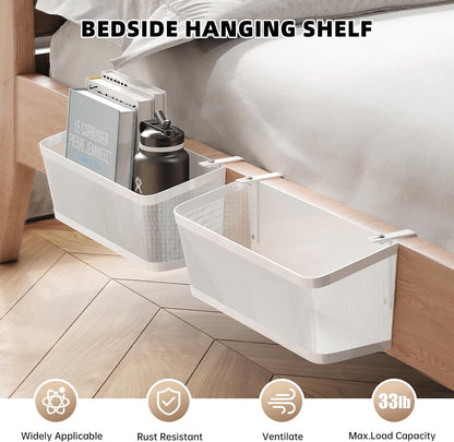 2 Pack Bedside Caddy Organizer, White Metal Hanging Storage Baskets for Bed Rail and Headboard, Bunk Bed Shelves, College Dorm Room Essentials, Holds Phones, Books, Tablets and Bottles (Extra Large)