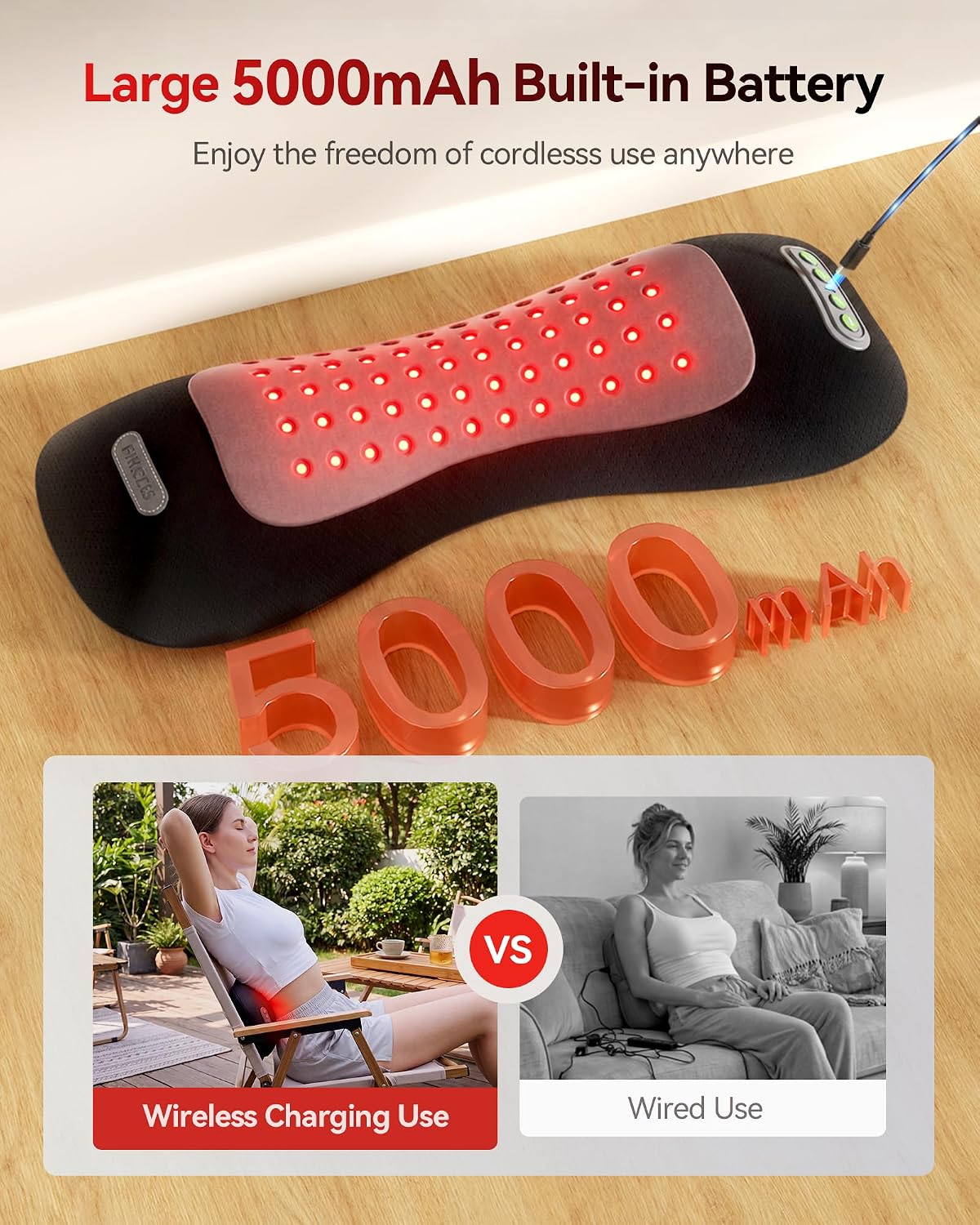 FliKEZE 4-in-1 Lumbar Massager with Red Light 650/850nm Cordless 5000mAh | Lumbar Support Pillow Lower Back Massager with Vibration, Airbag Traction & Heating for Back & Waist Comfort, FSA Eligible