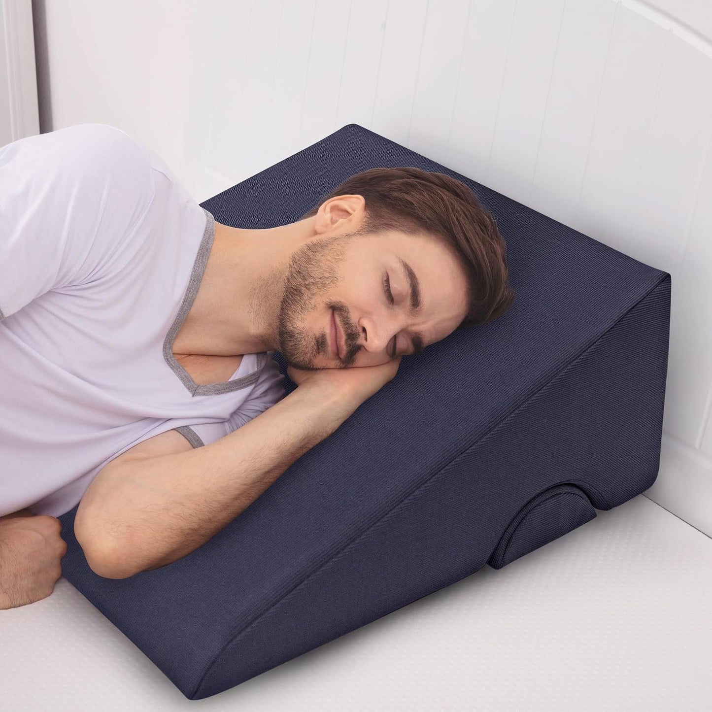 Lavish Home 8in Wedge Pillow - Bed Wedge Pillow for Sleeping - Memory Foam Wedge Pillow for Back Pain Relief, Snoring, and Acid Reflux - Bed Wedge with Half-Moon Pillow and Washable Covers (Navy)