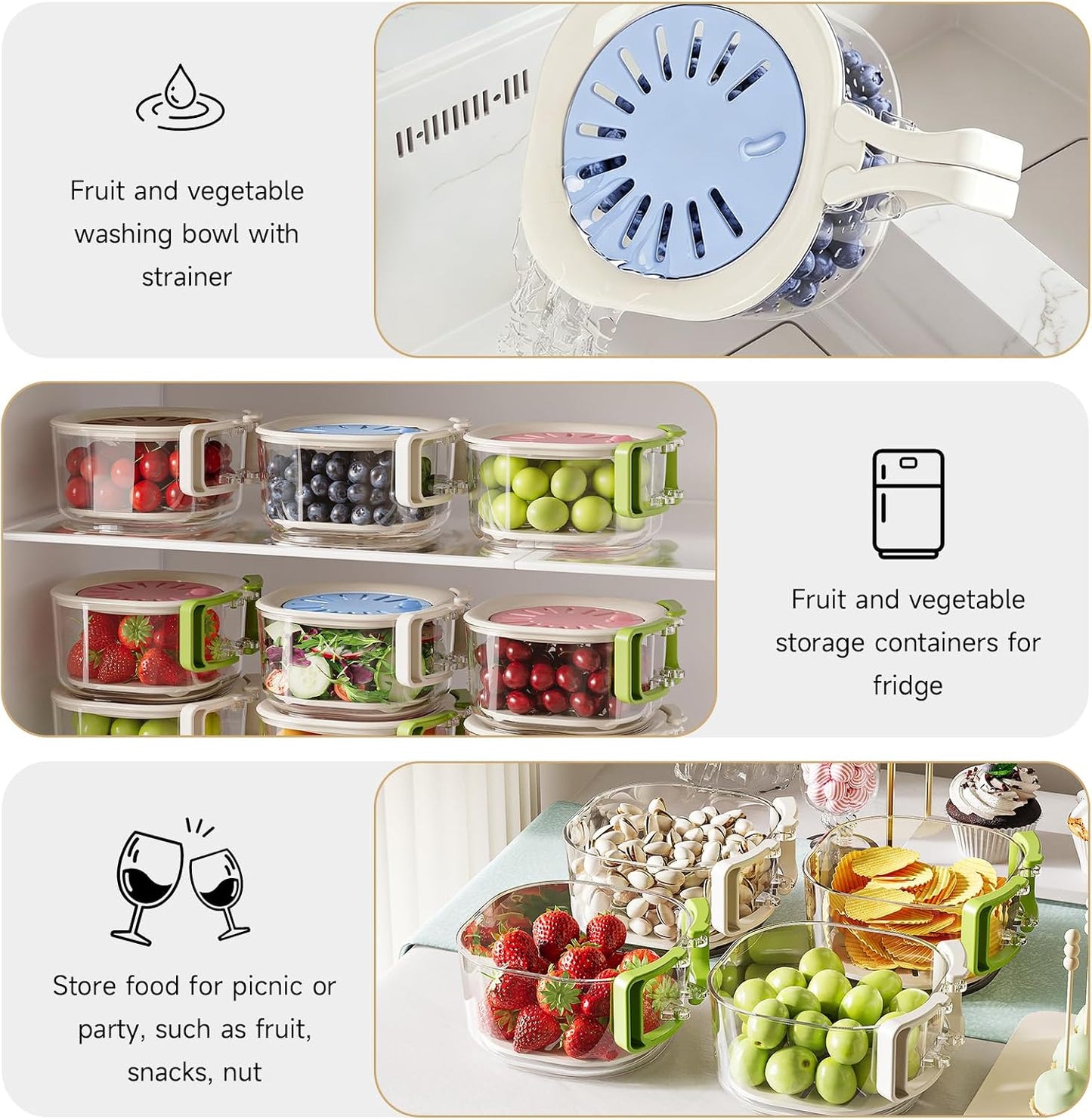 Fruit Vegetable Washing Bowl with Strainer, Multifunctional, Berry Lettuce Keeper for Fridge Refrigerator Organization, Portable Colander for Kitchen, Drainer Container With Lid, 2 Pack (Mix)