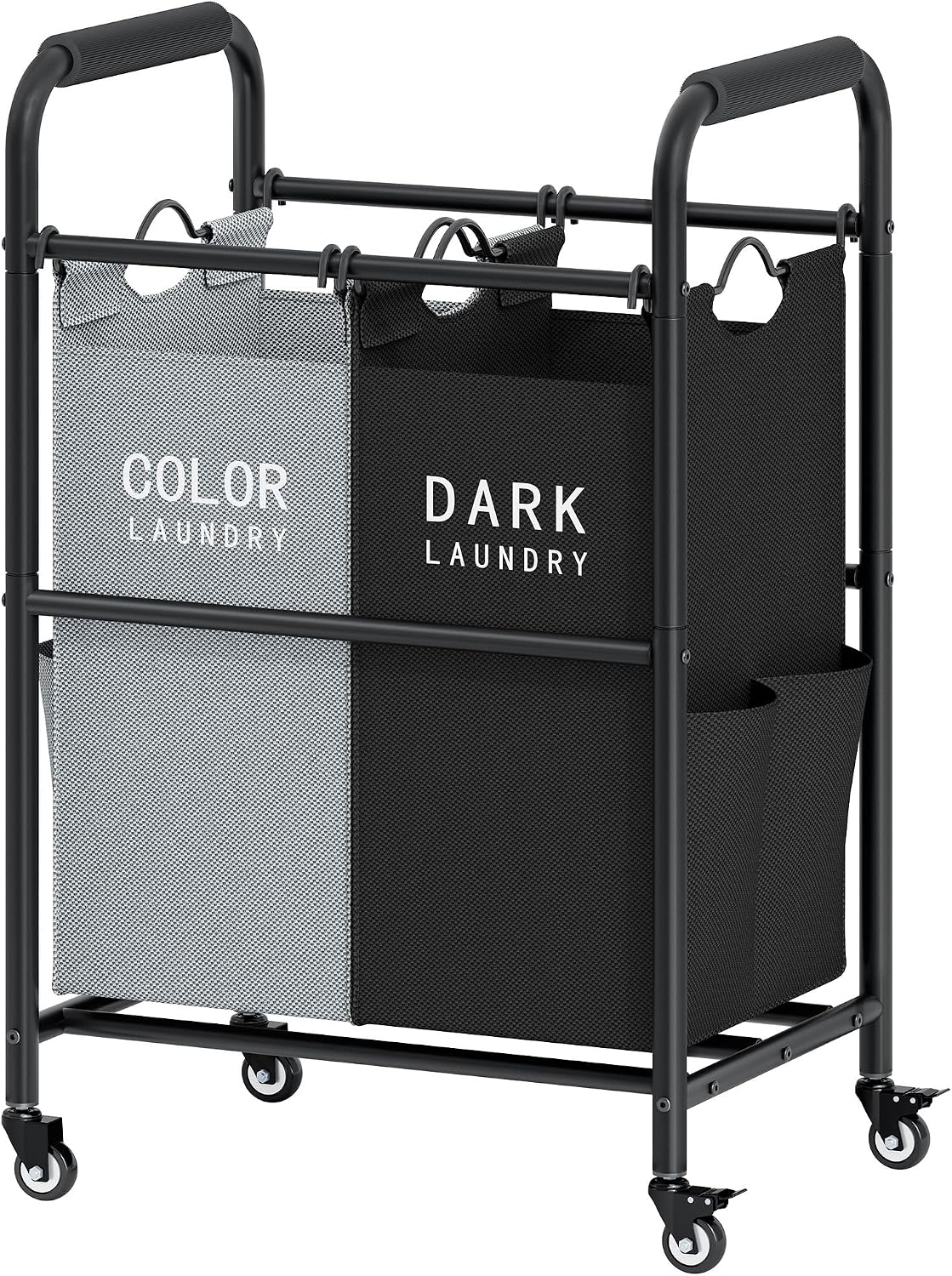 2 Bag Laundry Sorter Cart, Black & Grey | 50lbs Large Capacity, Removable Laundry Bags, Heavy Duty Lockable Rolling Wheels, Laundry Hamper Basket for Clothes Storage