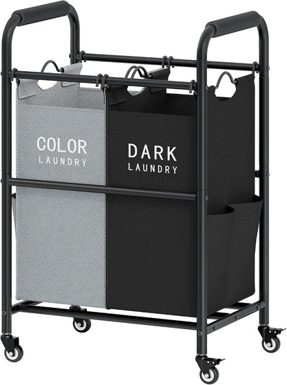 2 Bag Laundry Sorter Cart, Black & Grey | 50lbs Large Capacity, Removable Laundry Bags, Heavy Duty Lockable Rolling Wheels, Laundry Hamper Basket for Clothes Storage