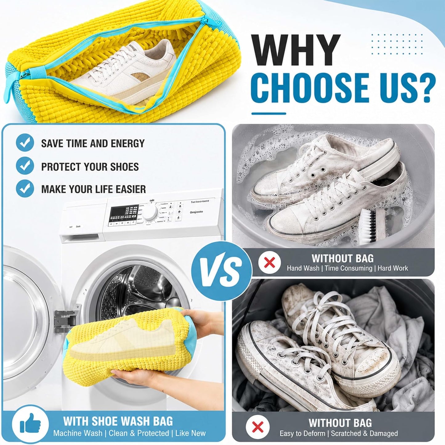 (2-Pack) Shoe Washing Machine Bag with 4 Shoe Trees, Sneaker Laundry Bags for Washer & Dryer, 360° Protective Mesh Shoe Cleaning Bag with Self-Locking Zipper and Safely Wash Shoes in Washing Machine.