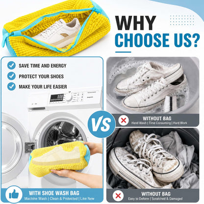 (2-Pack) Shoe Washing Machine Bag with 4 Shoe Trees, Sneaker Laundry Bags for Washer & Dryer, 360° Protective Mesh Shoe Cleaning Bag with Self-Locking Zipper and Safely Wash Shoes in Washing Machine.