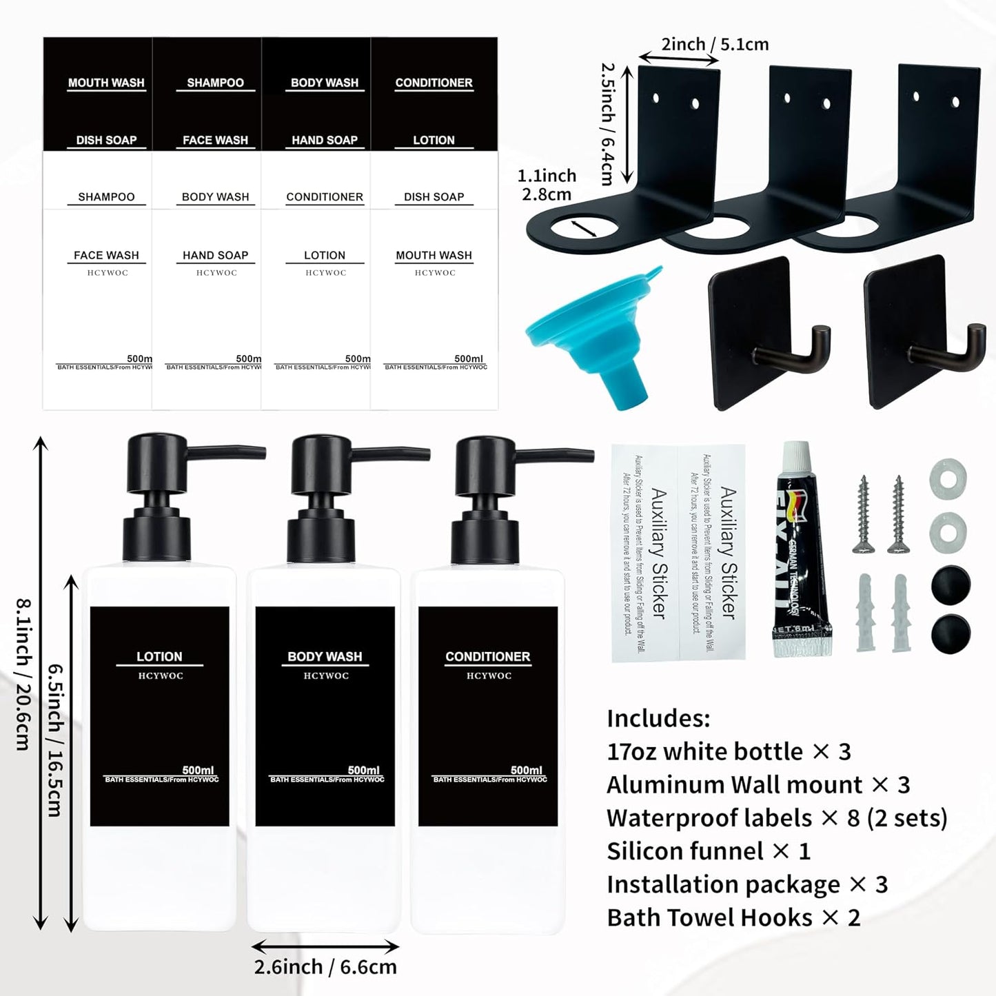 Shampoo Dispenser for Shower Wall, Shampoo and Conditioner Dispenser with 16 Waterproof Labels, No Drill Shower Soap Dispenser Bathroom, Shower Soap Dispenser Wall Mounted 3 Chamber, 17oz,Black | Shampoo Dispenser for Shower Wall, Shower Soap Dispenser