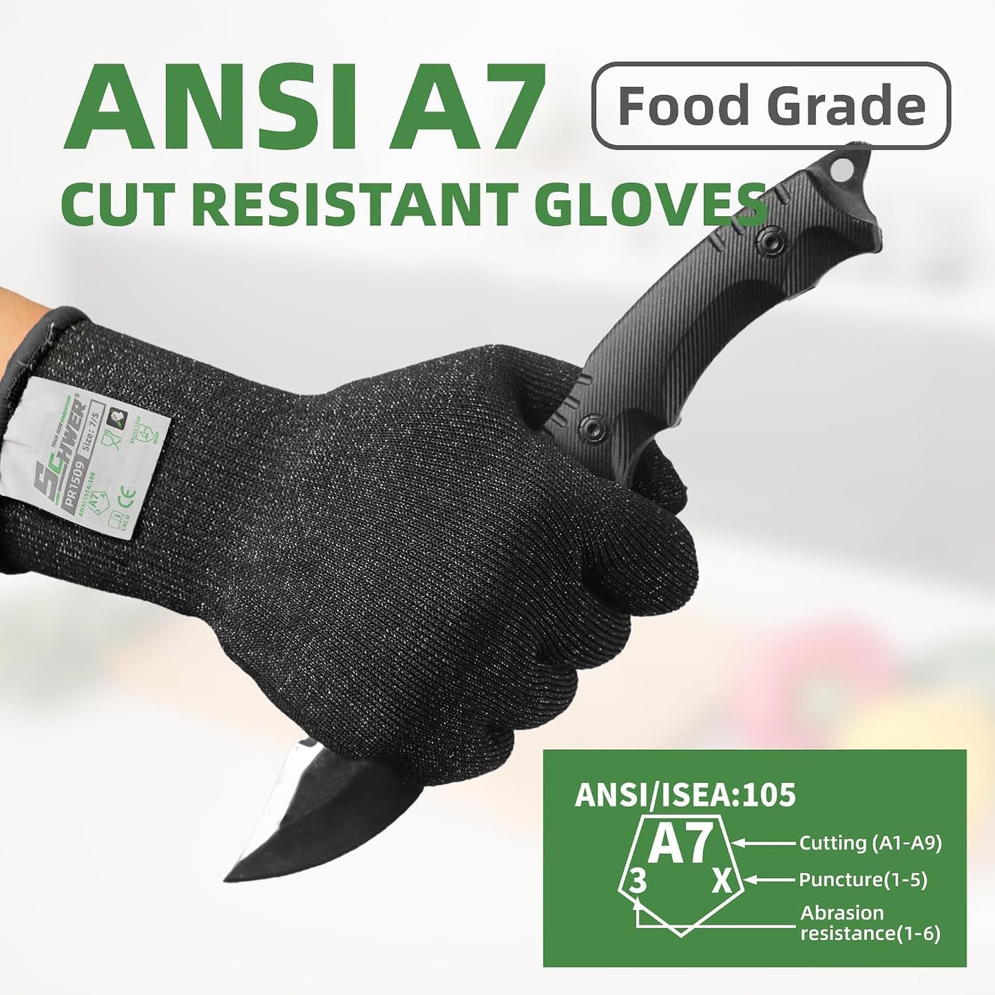 Schwer 2 Pairs ANSI A7 Cut Resistant Gloves, Mandoline Glove for Kitchen, Breathable & Comfortable, Food Grade Cutting Gloves for Meat Cutting, Fish Processing, Carving, and Shelling, PR1509, M