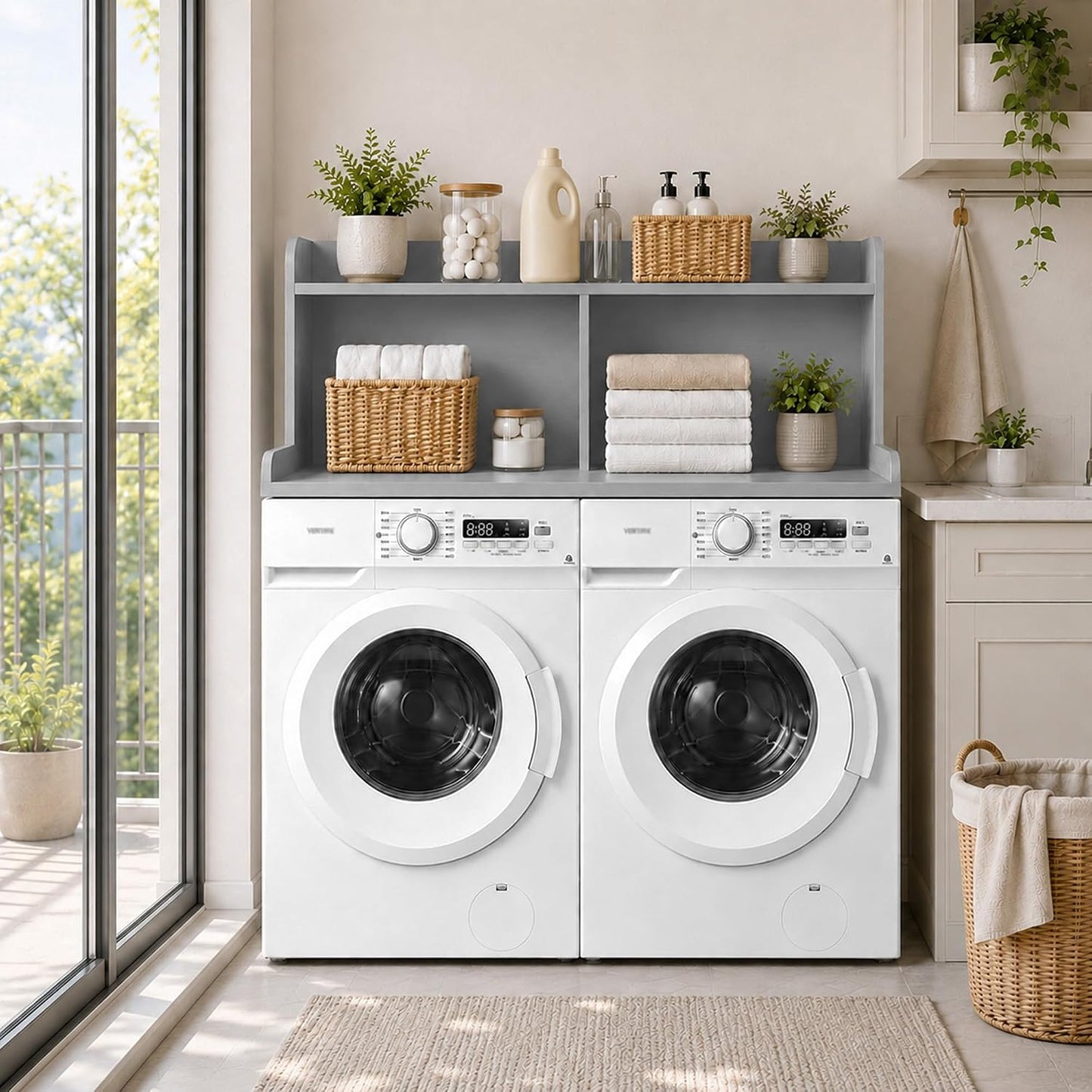 Royxen Washer Dryer Countertop with Extra Tall Shelf, 19" Height Washer and Dryer Topper, Laundry Countertop with Non-Slip Pads, Universal Fit for Laundry Room Organization, Walnut