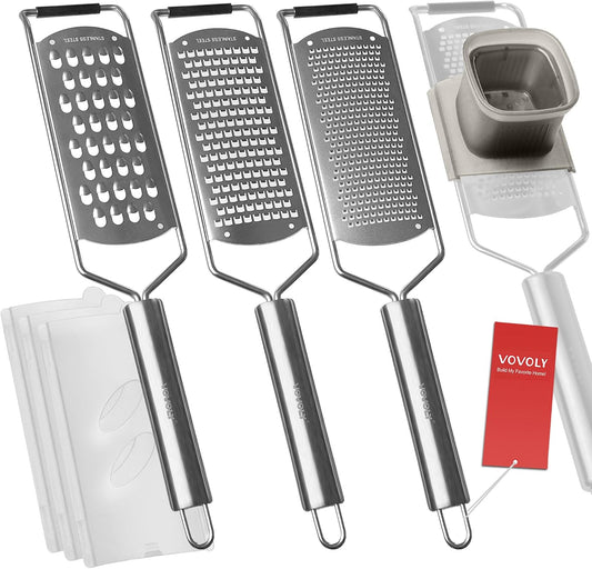 Zester Grater Set, 4 Pack-Fine/Coarse/Extra Coarse/Slider Attachment | Cheese Grater for Ginger, Garlic, Nutmeg, Chocolate, Vegetables, Fruits with Razor-Sharp Stainless Steel Blade