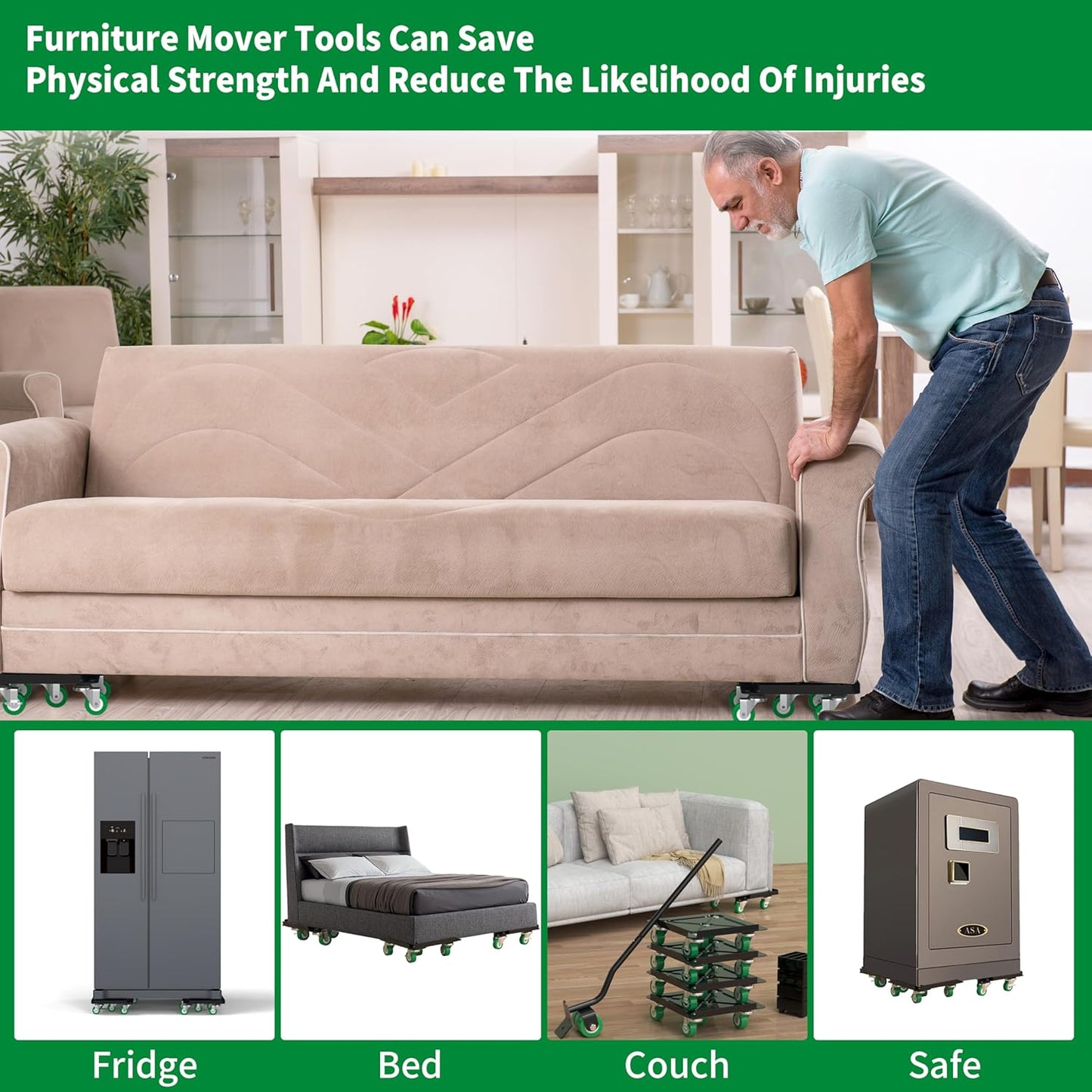 Heavy Duty Furniture Dolly 360 Rotate 5 Wheels 3000 Lbs Capacity 5.3x5.3 in | Furniture Movers with Green Wheels, Measure Tape & Leveler, Alloy Steel Furniture Lifter Tool for Smooth Home & Office Uses