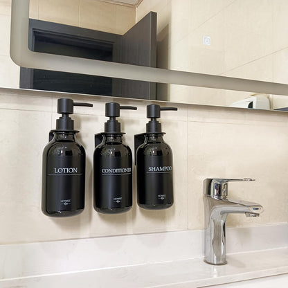 3 Pack Wall Mount Shower Dispenser, No Drill, 16 Waterproof Labels | Shampoo Dispenser for Shower Wall, Shampoo and Conditioner Dispenser, Bathroom, 17oz, Gold Amber