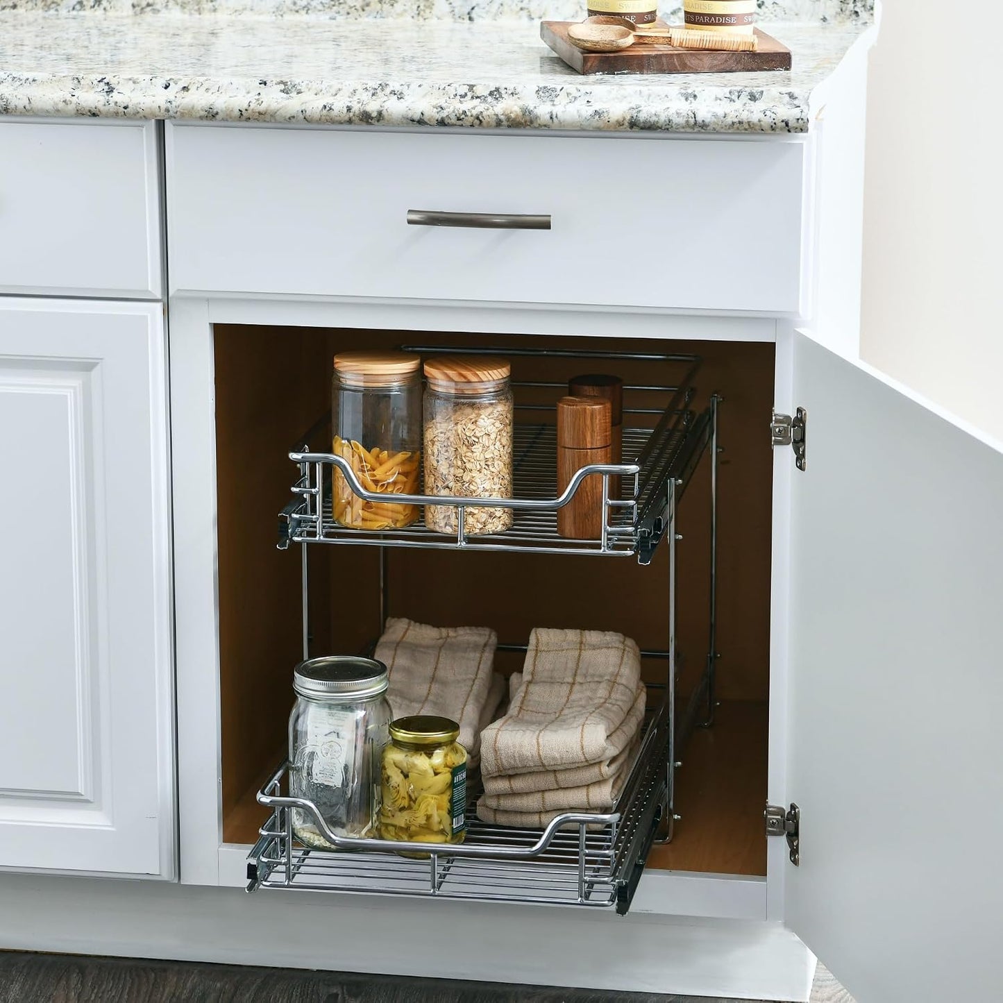 Household Essentials Glidez Multipurpose Chrome-Plated Steel Pull-Out/Slide-Out Storage Organizer for Cookware and Bakeware - 2-Tier Design - Fits Standard Size Cabinet or Shelf, Chrome