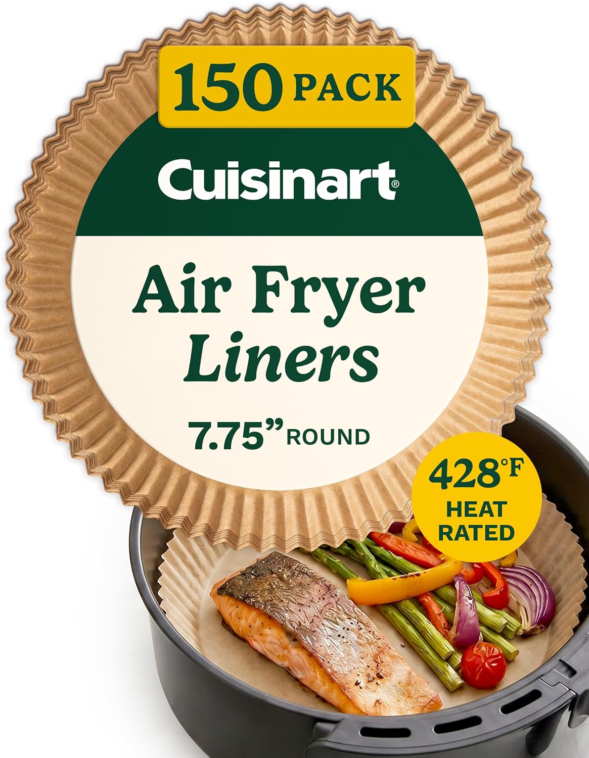 Cuisinart Air Fryer Liners Disposable, 150 Pack, 7.75" Square | Food-grade unbleached silicone-coated parchment for air fryer basket, non-stick to 428F, traps grease, oven & microwave safe