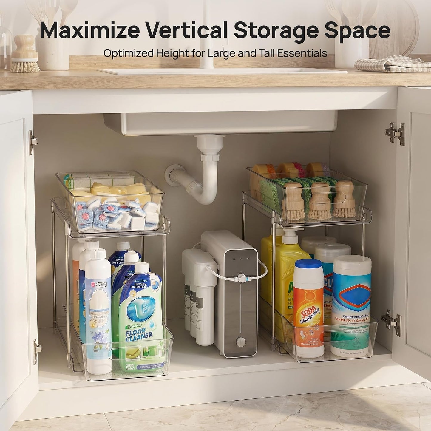 Vtopmart 2 Pack Pull Out Bathroom Under Sink Organizer (S-Standard) | Slide-out drawers, Multi-purpose storage, Clear visibility, Easy Set-up