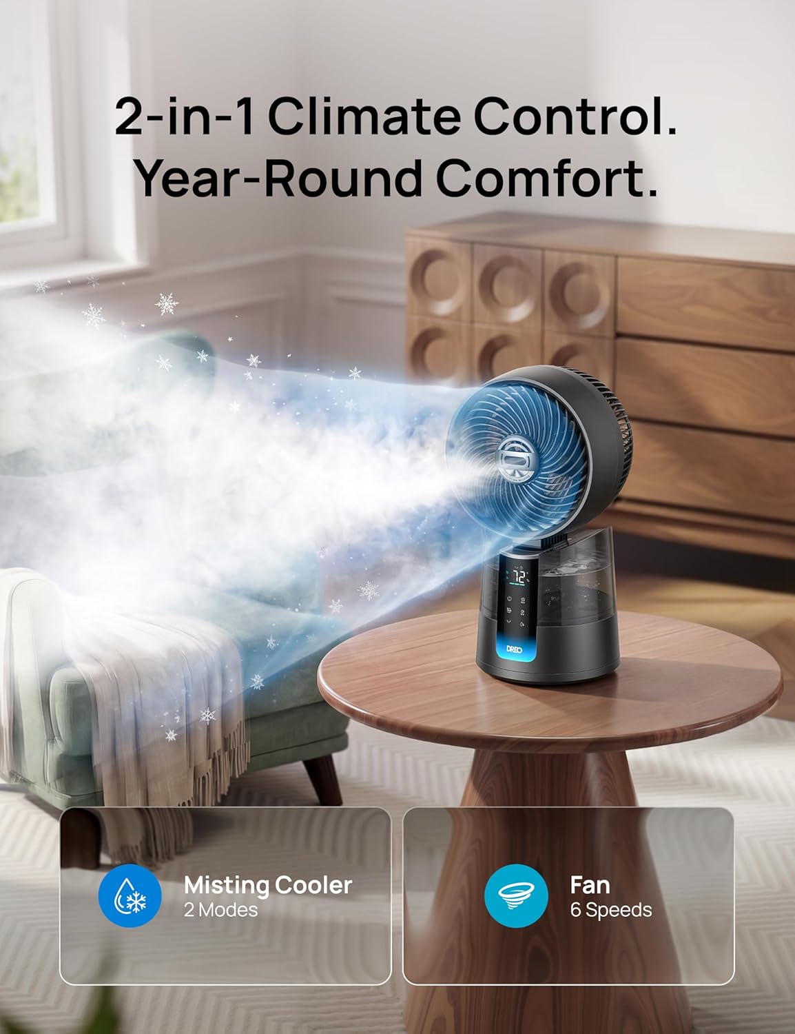 DREO TurboCool Misting Fan 516, 5℉ Drop Cooling Fans that Blow Cold Air | 150°+30° Omni-directional Oscillating, Evaporative air cooler, 26 ft/s Wind, Ultrafine Mist, 20dB, 6 Speeds 2 Modes, Grey