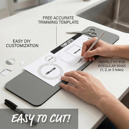 Cuttable Kitchen Sink Faucet Mat: 2PCS 30"Lx5.5"W DIY Splash Guard for Irregular Sink 2, 3 holes, Soap Dispenser & Air Gap - Bathroom Counter Protector Drip Catcher with Pre-Cut Center Hole, Grey
