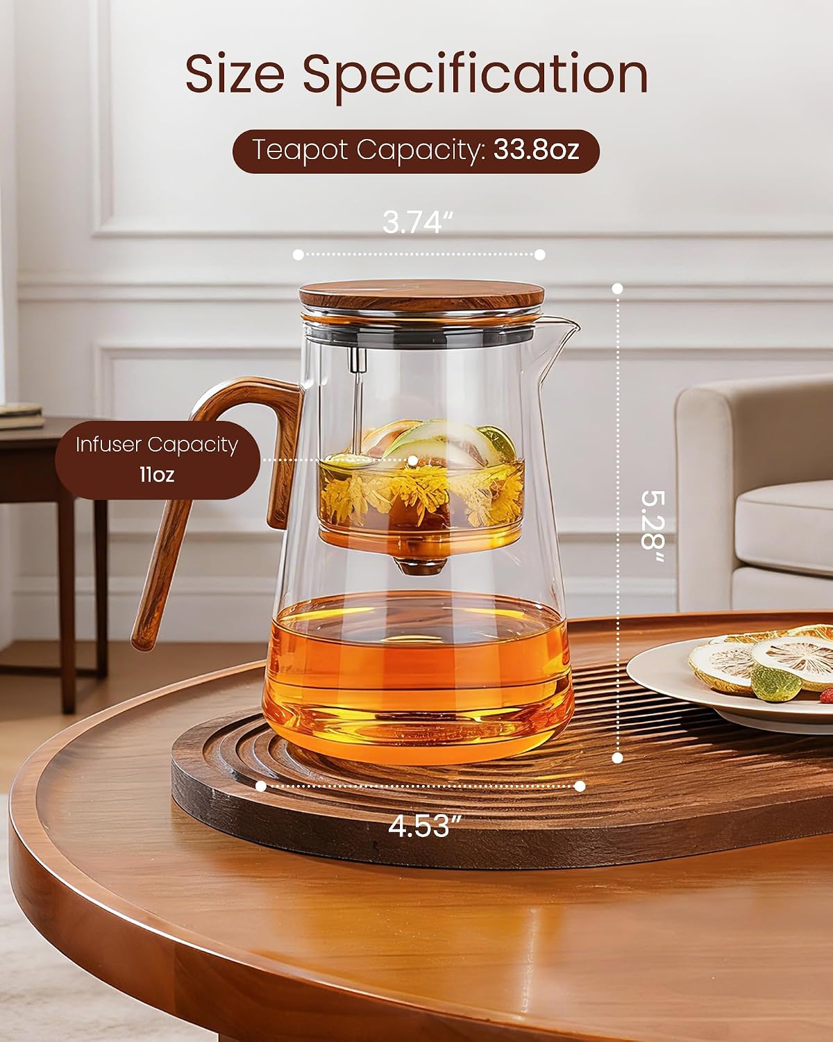 ZENS Magnetic Glass Infuser Teapot for Loose Tea, 27oz Walnut Wood Handle | Magic Teapot with Infuser, Echanted Tea Maker, Mess-Free Loose Leaf Tea Diffusers for Tea lover Gifts