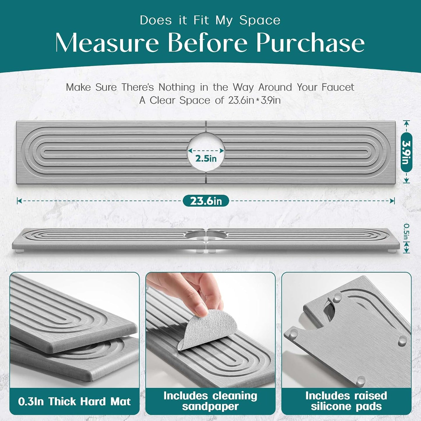 Stone Faucet Mat for Kitchen Sink – Diatomite Drying Stone Mat & Sink Protector, Prevents Moisture – Sink Splash Guard Water-Absorbing Stone Tray for Bathroom Counter (Light Grey, 20" x 3.9")