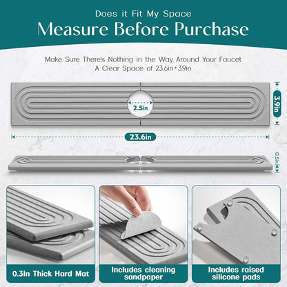 Stone Faucet Mat for Kitchen Sink – Diatomite Drying Stone Mat & Sink Protector, Prevents Moisture – Sink Splash Guard Water-Absorbing Stone Tray for Bathroom Counter (Light Grey, 20" x 3.9")
