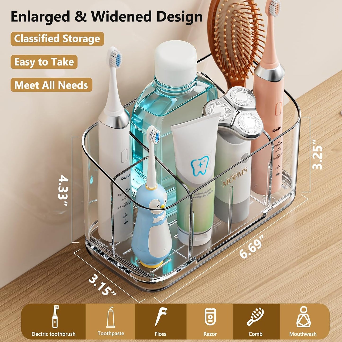 MOPMS Toothbrush Holders for Bathrooms with 5 Slots Adjustable Dividers | Electric Tooth Brush and Toothpaste Holder with Drain Tray for Easy Clean, Wall Mounted & Countertop Organizer for Shower