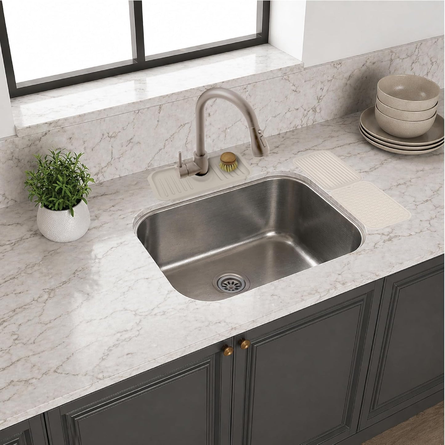 Clorox KeptClean™ 3-Piece Kitchen Sink Set with Two Interlocking Non-Slip Dish Drying Mats and Self-Draining Faucet Guard Splash Protector for Sink Areas, Almond Cream