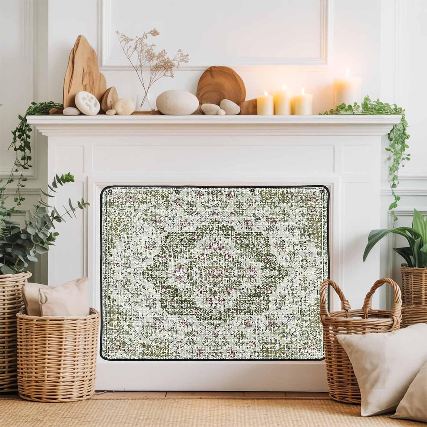 Magnetic Fireplace Cover Grey Medieval Flowers Fireplace Screen Decorative Retro Bohemian Pattern Insulation Fireplace Blocker Save Energy Fireplace Draft Stopper Covers for Living Room 39x32 Inch