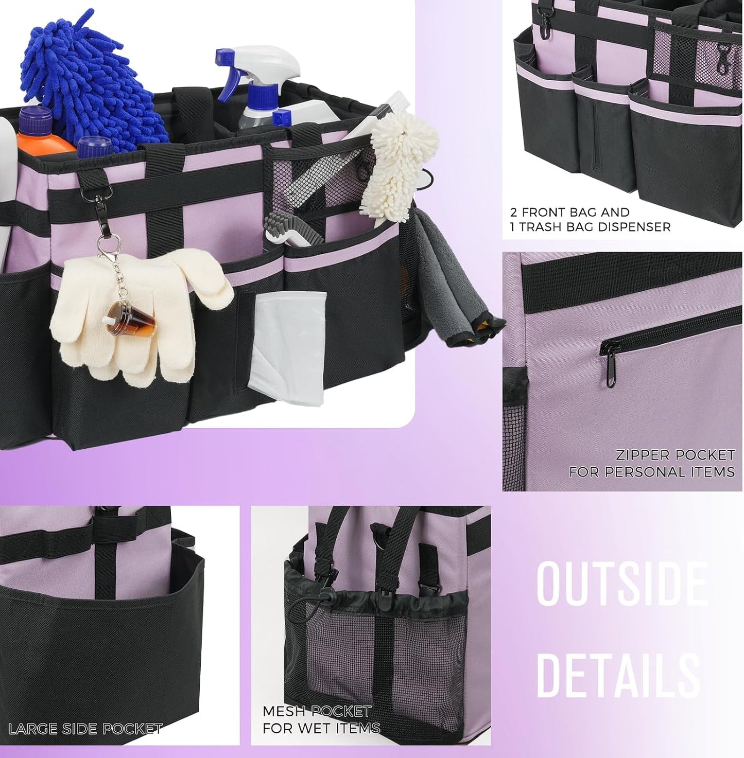SCAVATA Wearable Cleaning Caddy, Cleaning Caddy Supplies Organizer with Handle & Shoulder Straps for Housekeepers, Under Sink & Car Cleaning Tool Organizers Bag with 4 Foldable Divider (NavyBlue)