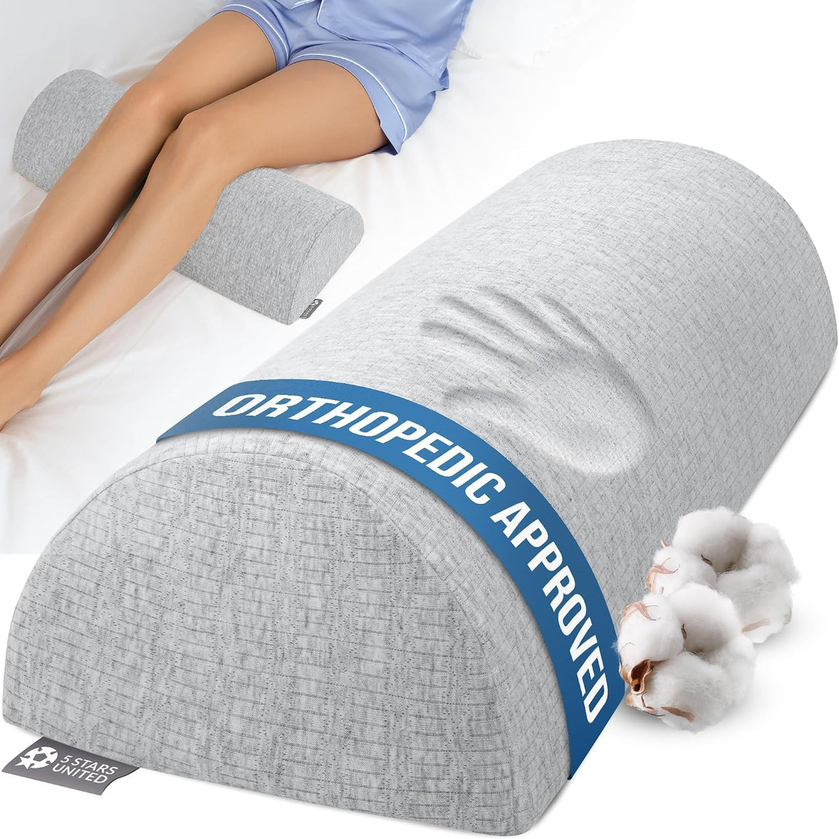 5 STARS UNITED Knee Pillow for Back Sleeping – Half Moon Bolster Pillow for Legs, Under Knee Pillow for Sleeping on Back, Memory Foam Leg Pillow for Back Pain, White