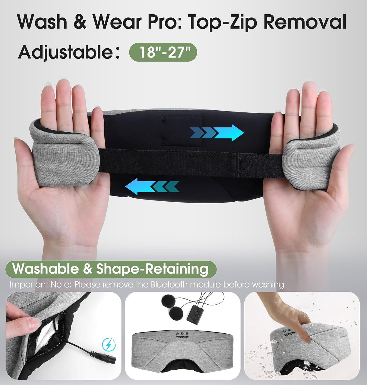 TOPOINT Sleep Mask with Bluetooth Headphones, 3D Eye Mask for Sleep Headphones with White Noise, Total Blackout, 5.4 Bluetooth, Timer, 15 Hours for Women Men, Travel, Meditation, Nap, CPAP Users