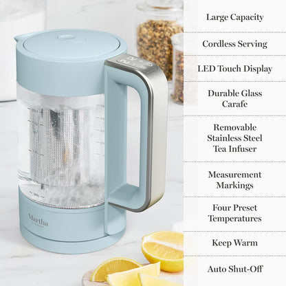 Martha Stewart 1.7L Glass Carafe Electric Kettle with Removable Tea Infuser | 7 Cups, 4 Presets, Rapid Boiling, Stainless Steel Tea Leaf Infuser, Cordless Swivel Base, Keep Warm, Auto Shut-Off, Linen