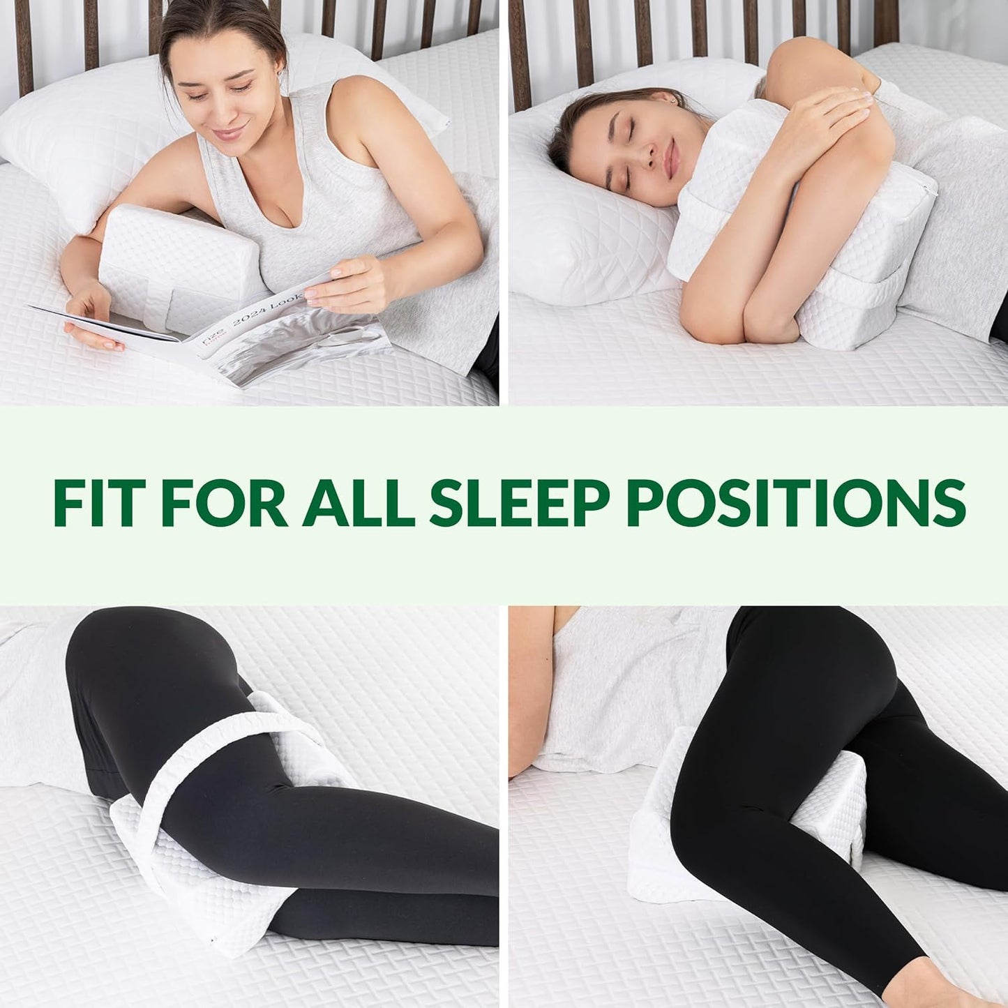 Knee Pillow for Side Sleepers - Between Legs Pillow for Side Sleeping, Back & Sciatica Pain Relief, Joints & Hip, Charcoal Memory Foam Leg Cushion, with Straps & Removable Cover (White)