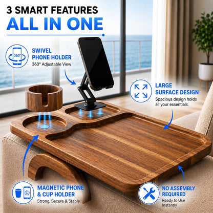 Couch Armrest Table with Cup Holder (15.31" x 9.65") - Acacia Sofa Arm Tray Organizer with Magnetic & 360° Rotating Phone Holder - Fits Couch Arm for Drinks, Snacks & Remote Control