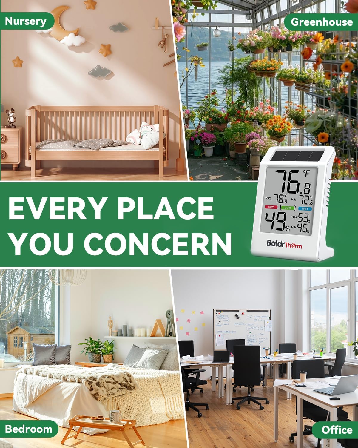 BALDR Solar Indoor Thermometer Hygrometer, Max/Min, Comfort Meter (White) | Solar & Battery Dual Power |No Setup or App Required |Clear Comfort Level Indicator |Flexible Desk or Wall Placement