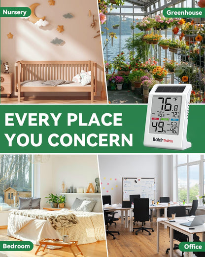 BALDR Solar Indoor Thermometer Hygrometer, Max/Min, Comfort Meter (White) | Solar & Battery Dual Power |No Setup or App Required |Clear Comfort Level Indicator |Flexible Desk or Wall Placement