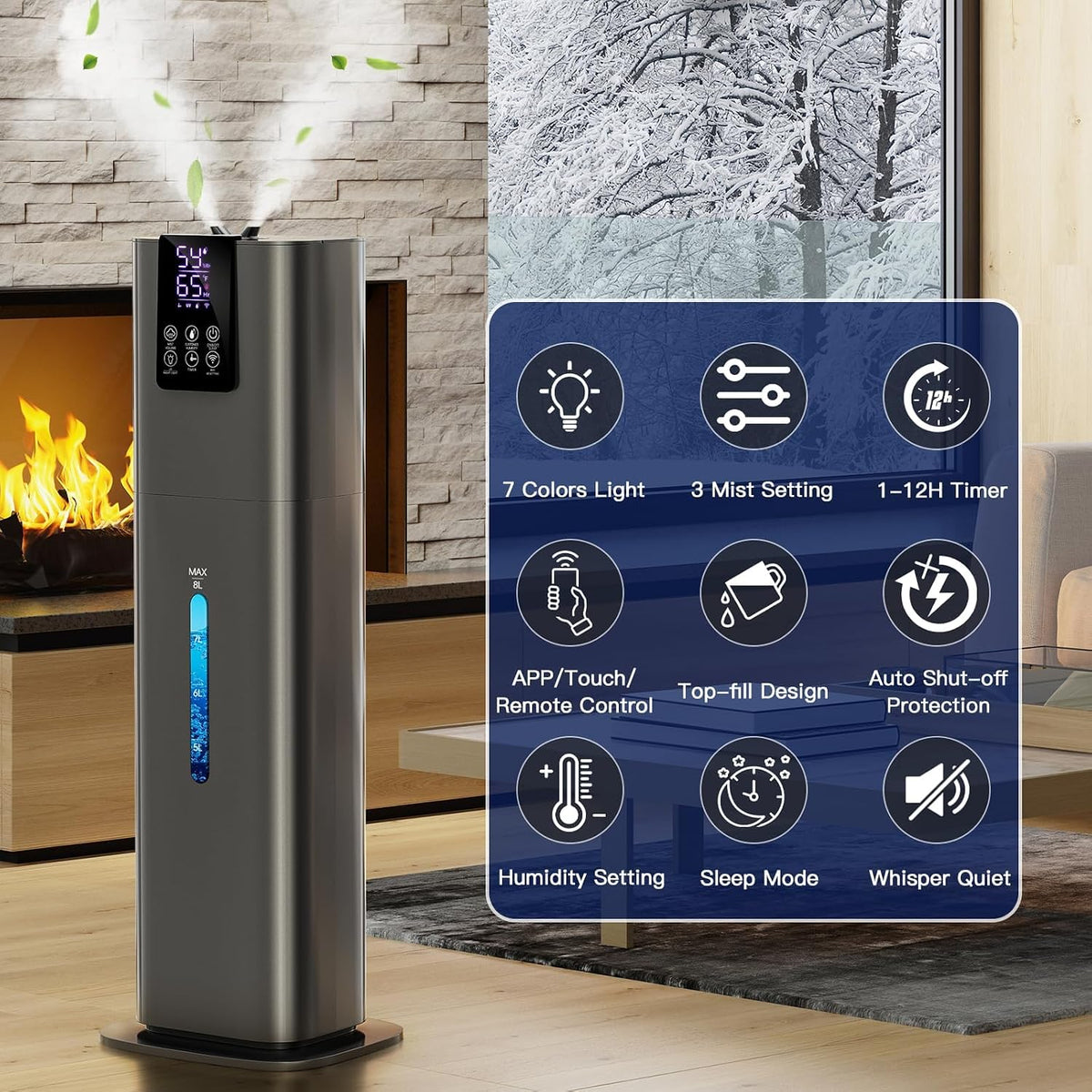 Smart Humidifiers Large Room Bedroom Home,2.11Gal(8L) Quiet Top Fill Cool Mist Humidifier,Smart App & Remote Control, 3 Speed Humidifier with 360°Nozzle,Humidity Setting for Baby Office Plant(White)
