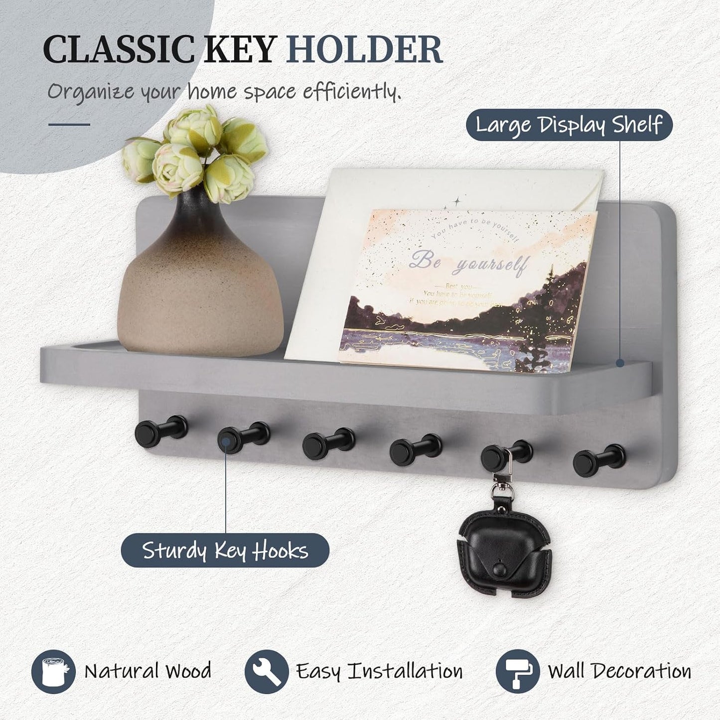 Nekon Key Holder for Wall with Shelf, Pine Wooden Key Hanger, Black | Small Wall Mounted Key Holder with 4 Hooks, Farmhouse Wall Organizer for Home Entryway & Apartment