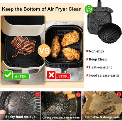 2Pcs Silicone Air Fryer Liners Reusable Square Thickened Airfryer Basket for 4 to 7 QT Baking Tray Accessories Kitchen Gadgets Replacement of Flammable Disposable Parchment Paper