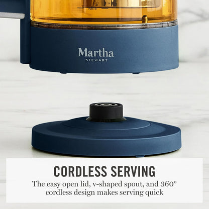 Martha Stewart 1.7L Glass Carafe Electric Kettle with Removable Tea Infuser | 7 Cups, 4 Presets, Rapid Boiling, Stainless Steel Tea Leaf Infuser, Cordless Swivel Base, Keep Warm, Auto Shut-Off, Linen