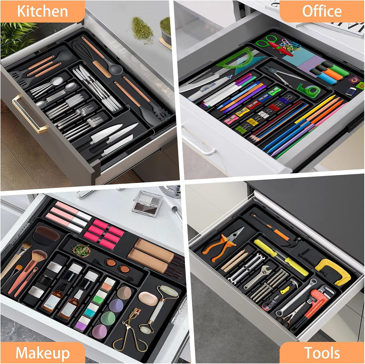 Large Silverware Drawer Organizer Expandable Kitchen Utensil Organizer BPA Free Flatware Cutlery Holder Tray Adjustable Plastic Drawer Divider Storage for Forks Knives 6-9 Slots White