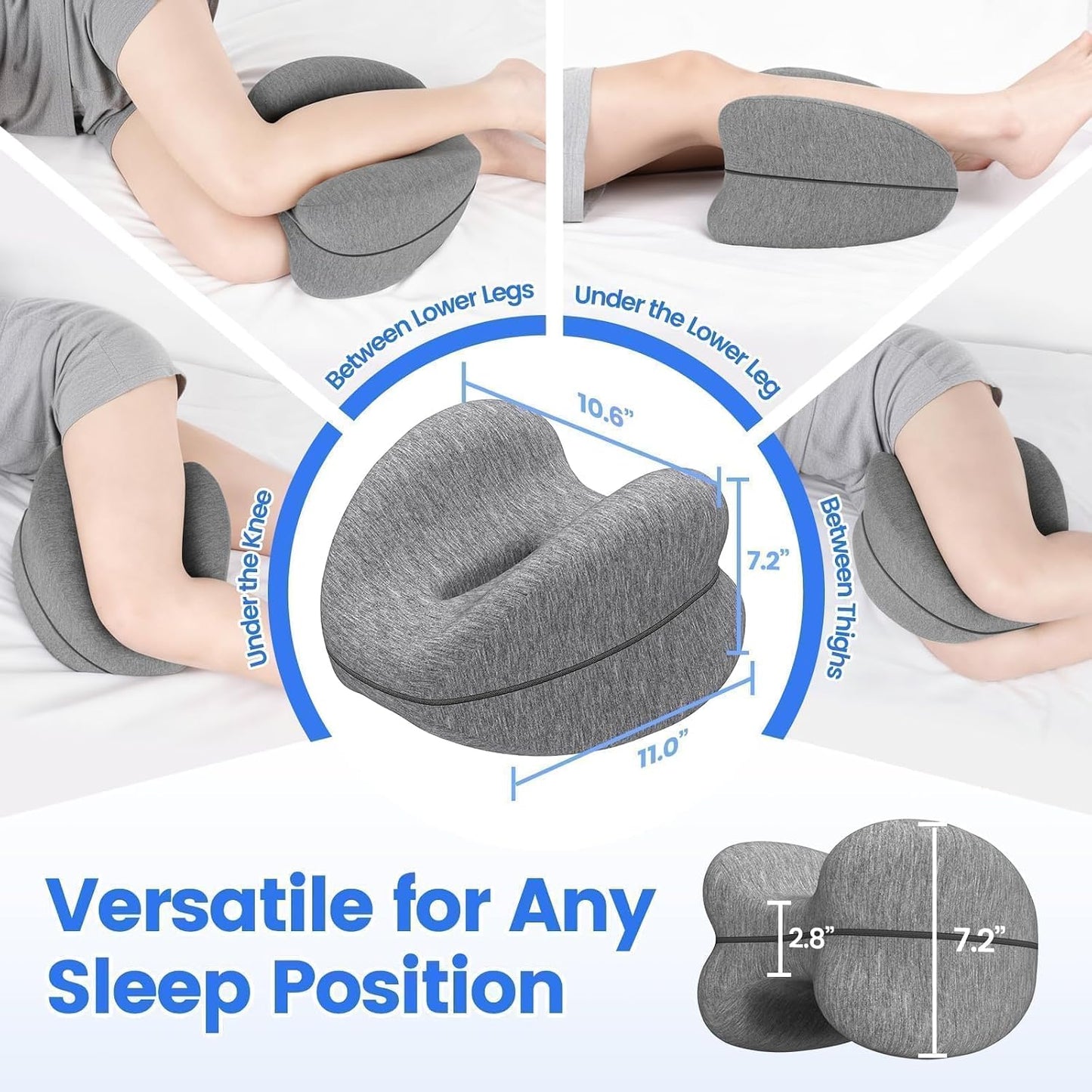 Knee Pillow for Side Sleepers, Leg Pillow with Washable Cover, Grey | Memory Foam Pillow for Sleeping Blood Circulation, Legs Spine Aligning Sciatica Back Hip Knee Support