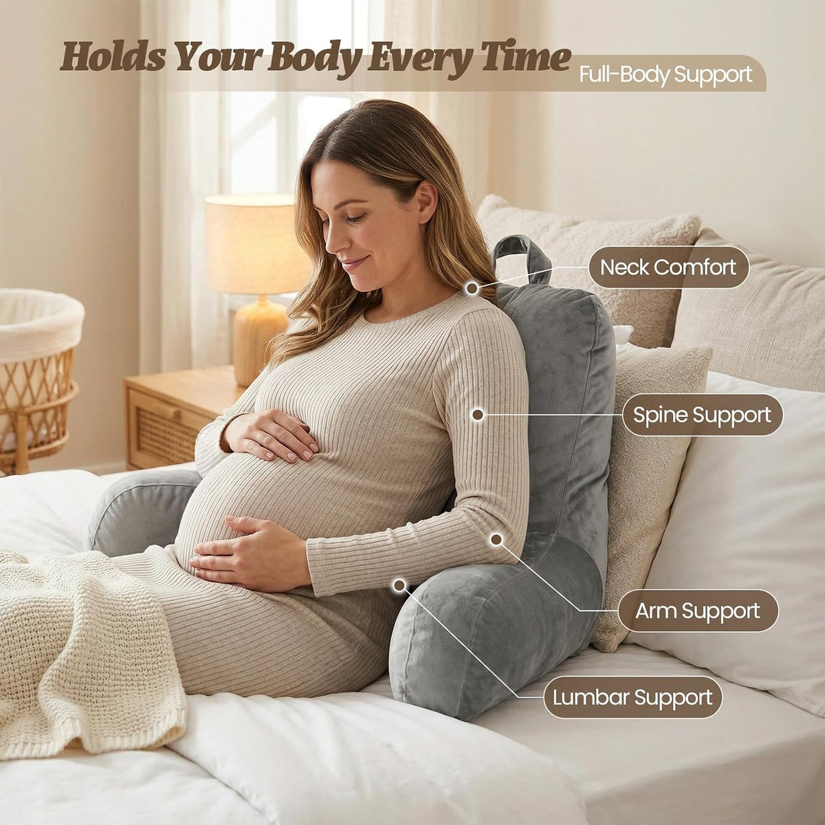ACH Reading Pillow with Arms for Adults - Adjustable Memory Foam Bed Rest Pillow, Lumbar & Neck Back Support, Soft Velvet Cover Machine Washable, Deep Side Pocket & Carry Handle, Grey