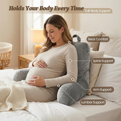 ACH Reading Pillow with Arms for Adults - Adjustable Memory Foam Bed Rest Pillow, Lumbar & Neck Back Support, Soft Velvet Cover Machine Washable, Deep Side Pocket & Carry Handle, Grey