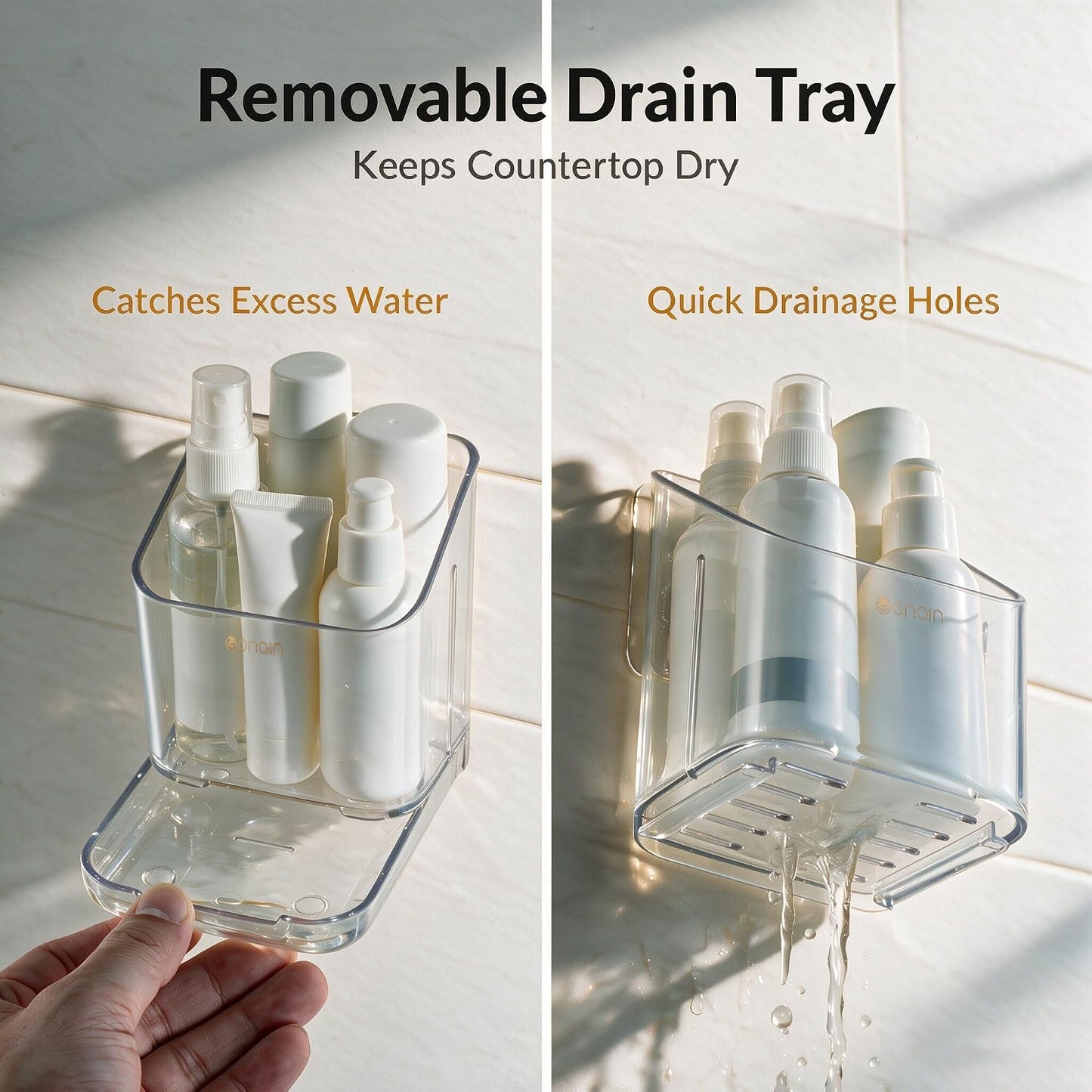 Toothbrush Holders for Bathroom - Detachable Divided Design, Drawer Drainage Tray, Adhesive Wall-Mounted/Countertop Dual-Use, Large Capacity Organizer for Bathroom/Kitchen/Office, Easy Install (Clear)