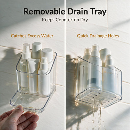 Toothbrush Holders for Bathroom - Detachable Divided Design, Drawer Drainage Tray, Adhesive Wall-Mounted/Countertop Dual-Use, Large Capacity Organizer for Bathroom/Kitchen/Office, Easy Install (Clear)