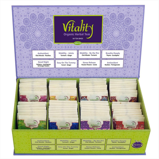 Adanim Bio Vitality Organic Herbal Tea Sampler Gift Box Caffeine Free 8 Unique Flavors for Tea Lovers 64 Individually Wrapped Tea Bags Variety Pack